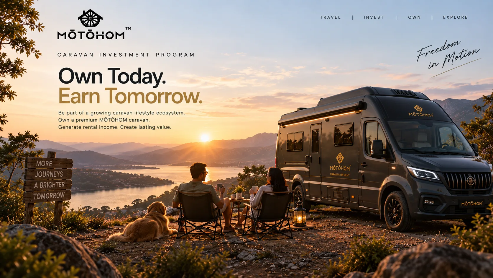 Motohom Caravan Investment Program — Own Today, Earn Tomorrow. A couple sit beside a Motohom caravan at a hilltop viewpoint above a valley at sunset.