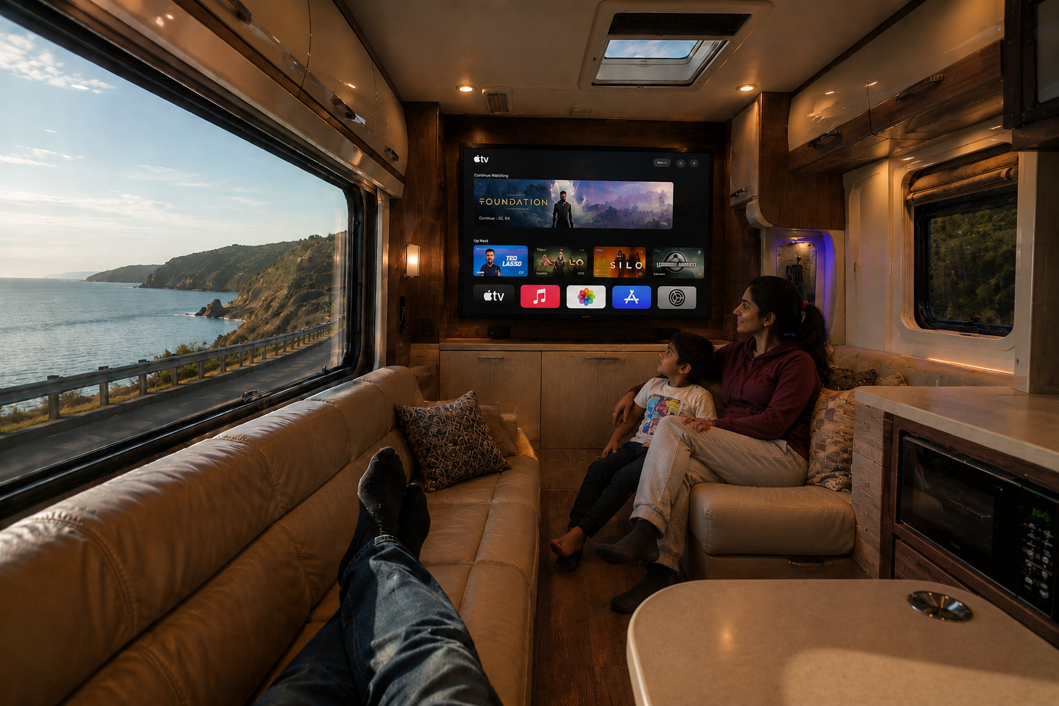 Luxury caravan interior lounge with coastal views through the window