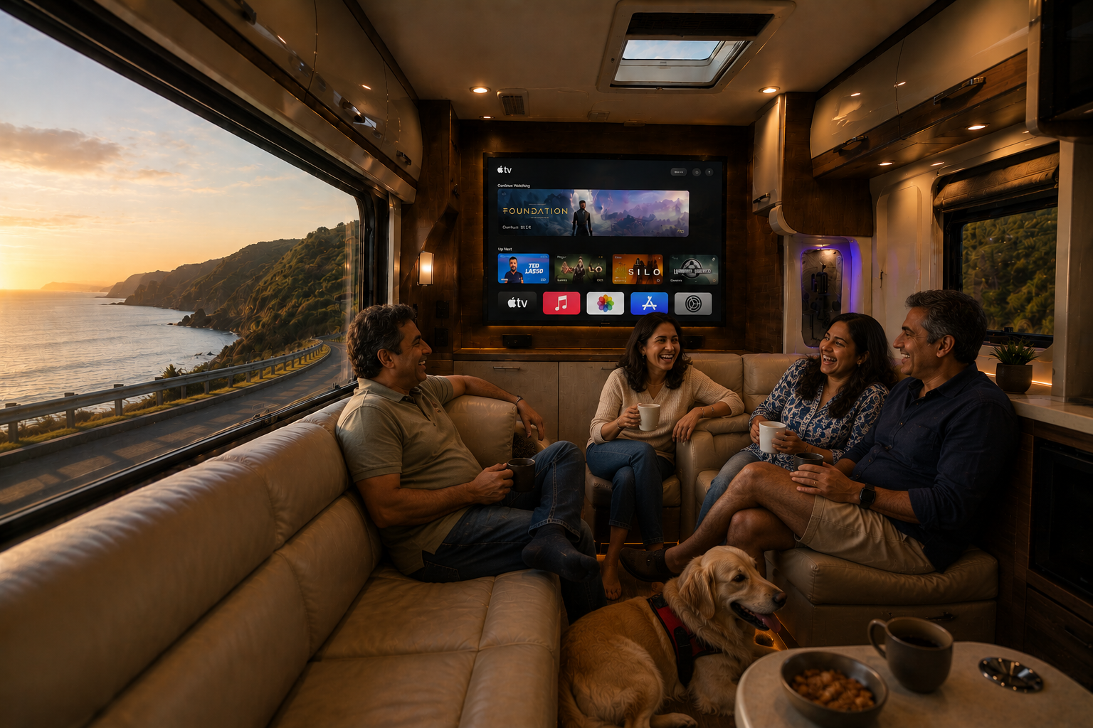 Family relaxing in the caravan lounge with their dog, coastal views through the window