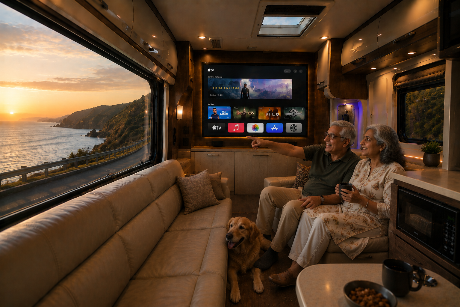 Couple relaxing in the caravan lounge with their dog, coastal views through the window