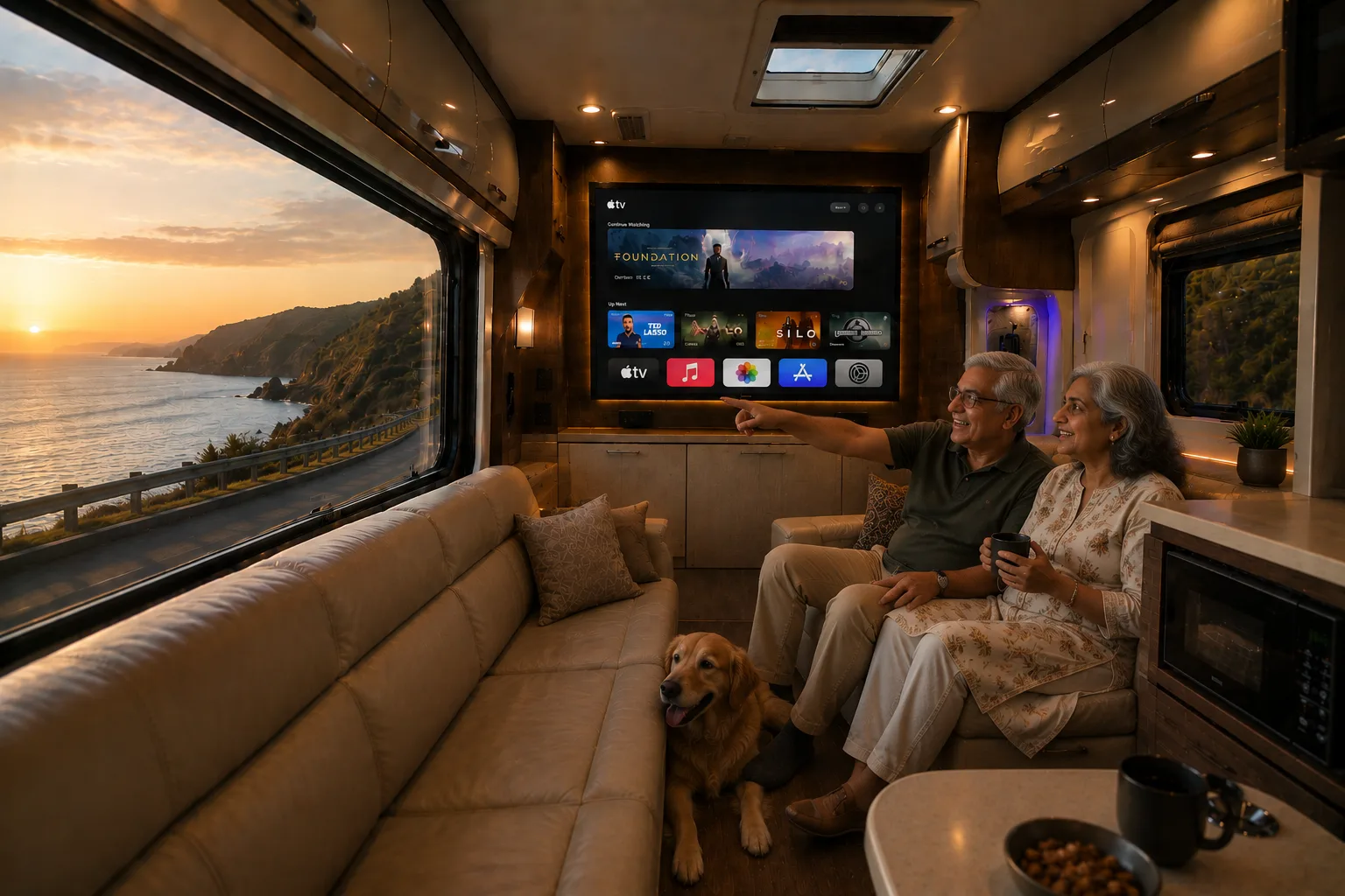 Couple relaxing in the caravan lounge with their dog, coastal views through the window