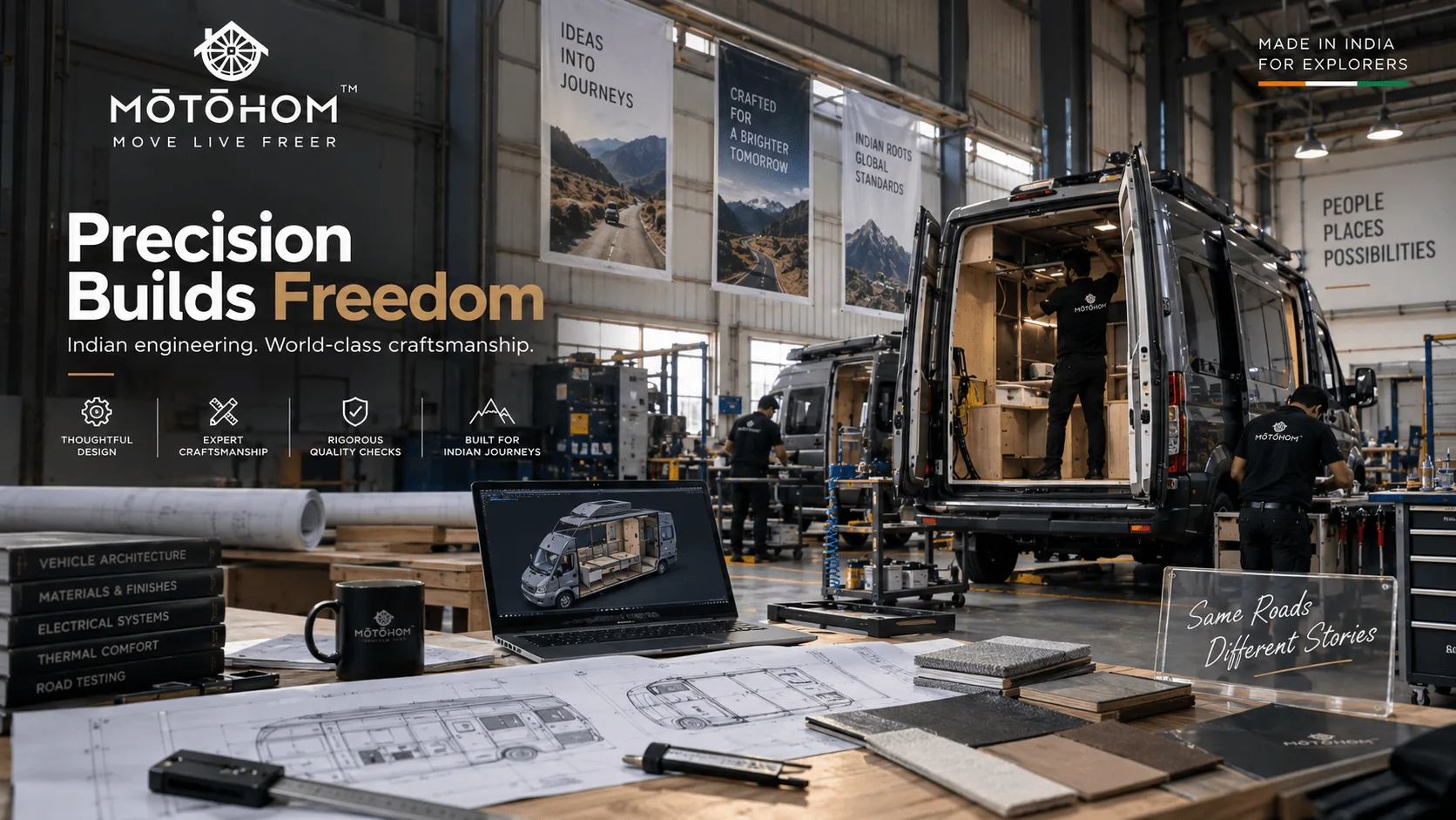 Inside the Motohom workshop: a caravan under fit-out with its rear doors open, the build team at work, and a bench of blueprints, material samples and a cabin layout on screen.
