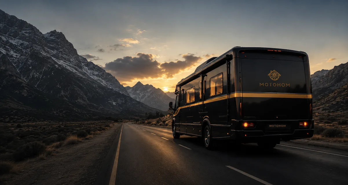 Motohom M-Class caravan driving through the snow-capped Himalayas at dusk