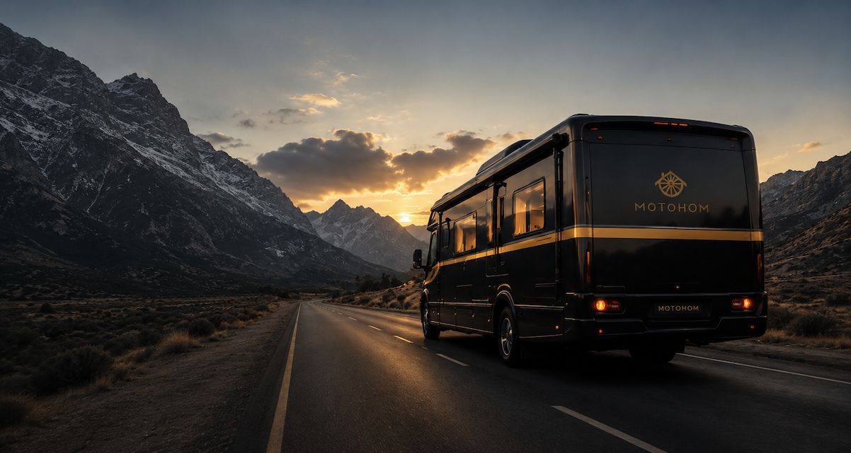 Motohom M-Class caravan driving through the snow-capped Himalayas at dusk